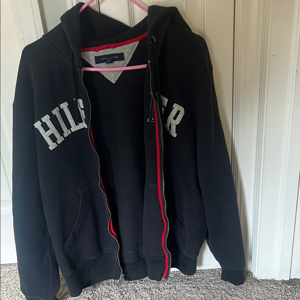 Vintage Tommy Hilfiger Black Hoodie with Gray and Red Accents